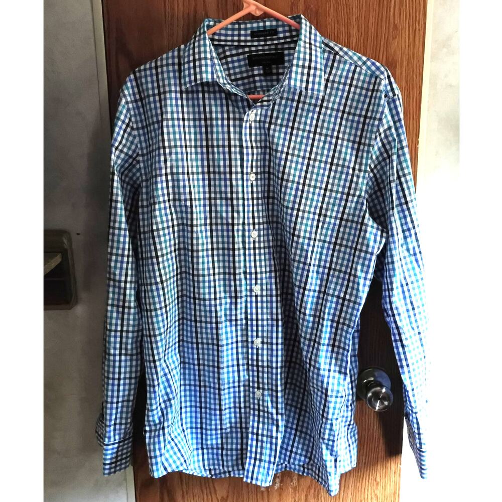 Banana Republic Non-Iron Shirt Mens Medium Blue Plaid Office Casual Cotton
